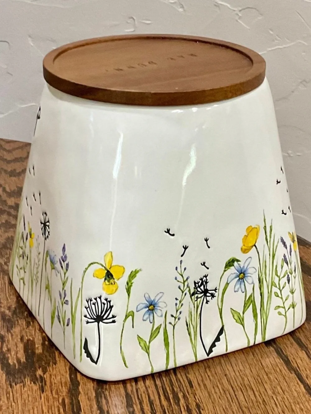 “Keep” Rae Dunn Floral Wildflower Ceramic Jar with Brown Wood Lid, 6” H x 4” D
